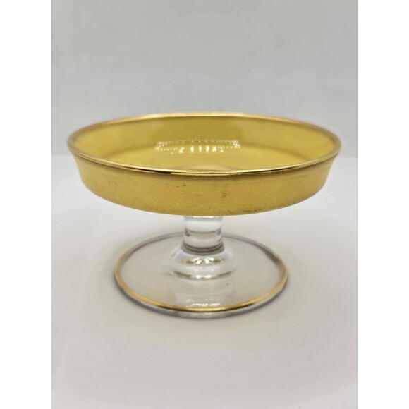 Yellow Depression Glass Pedestal Cheese Compote 4.75" Gold Edging Candy/Nut Dish - Picture 2 of 16